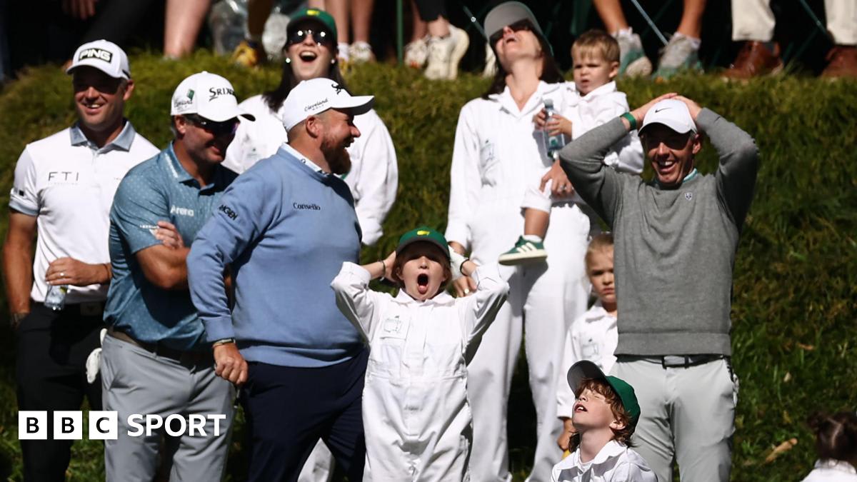 Young Frankie Fleetwood in caddie outfit concentrating on golf shot at Augusta National Par 3 Contest