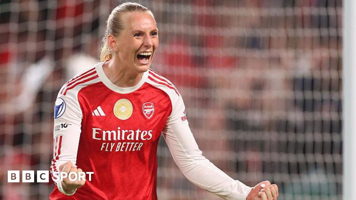 ** Arsenal Women's football team celebrating together after securing Champions League semifinal spot