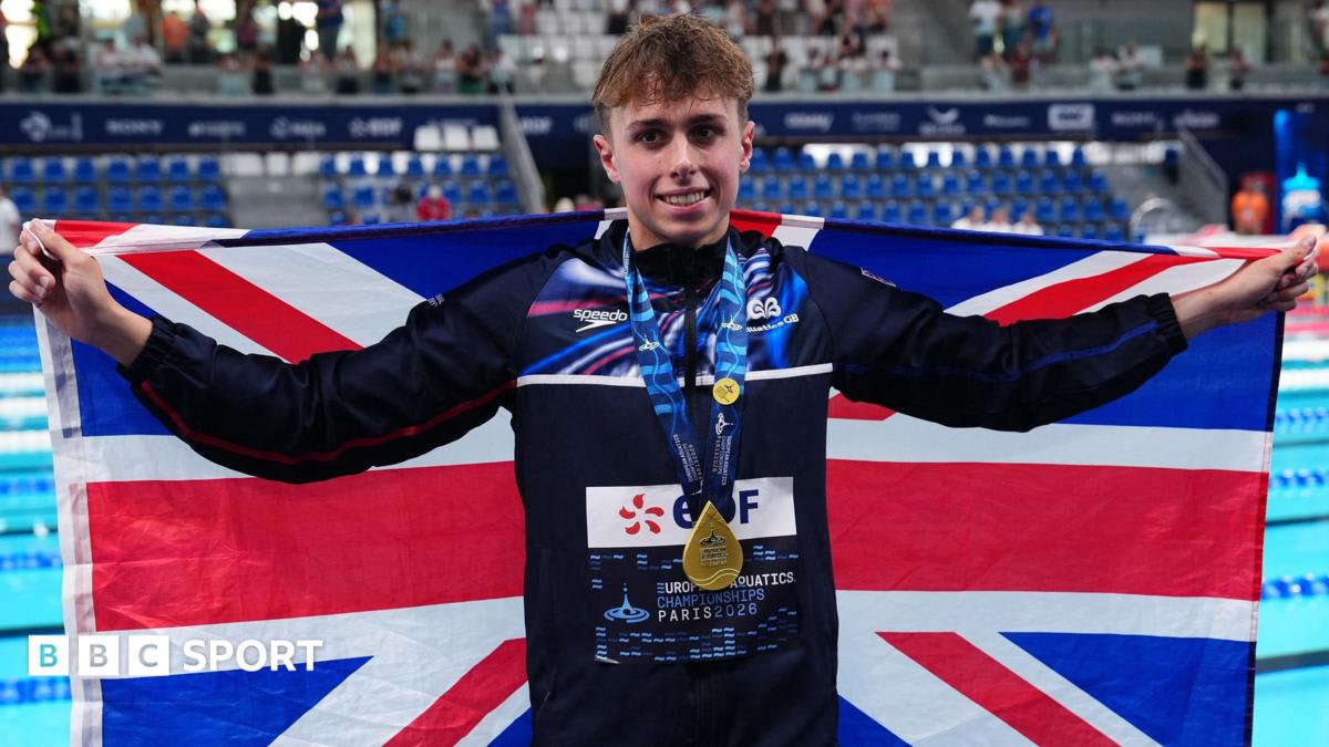 British teenager Filip Nowacki celebrating after winning gold medal in 200m breaststroke at European Championships