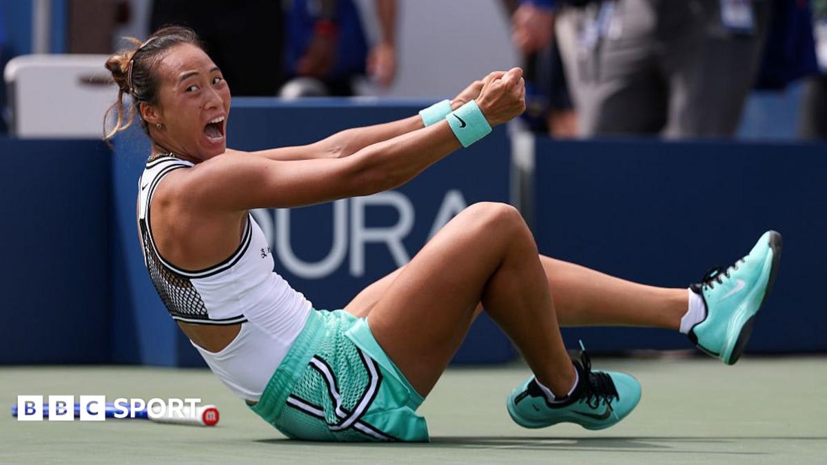 Zheng Qinwen celebrating on tennis court after dramatic comeback victory at US Open