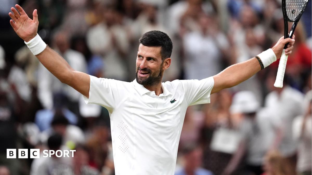 Novak Djokovic celebrating on Wimbledon Centre Court after defeating younger opponent in epic match