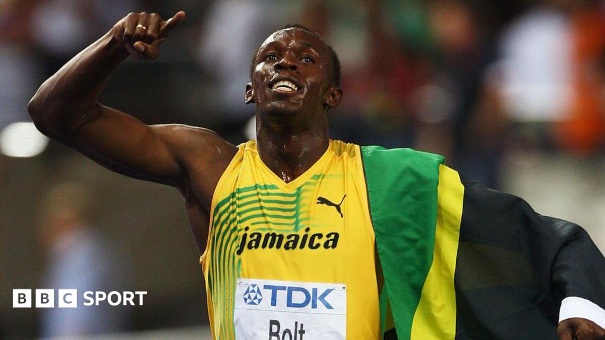 Usain Bolt celebrating with arms raised during his sprinting career at major championship