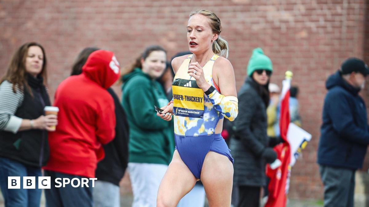 British runner Calli Hauger-Thackery crossing finish line at Boston Marathon while 22 weeks pregnant