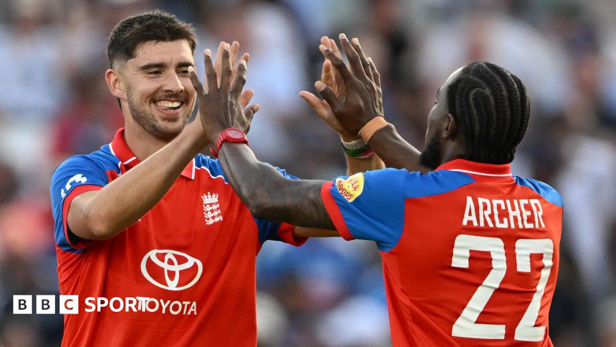 English cricket bowler Jofra Archer celebrating wicket during T20 match against India at Trent Bridge