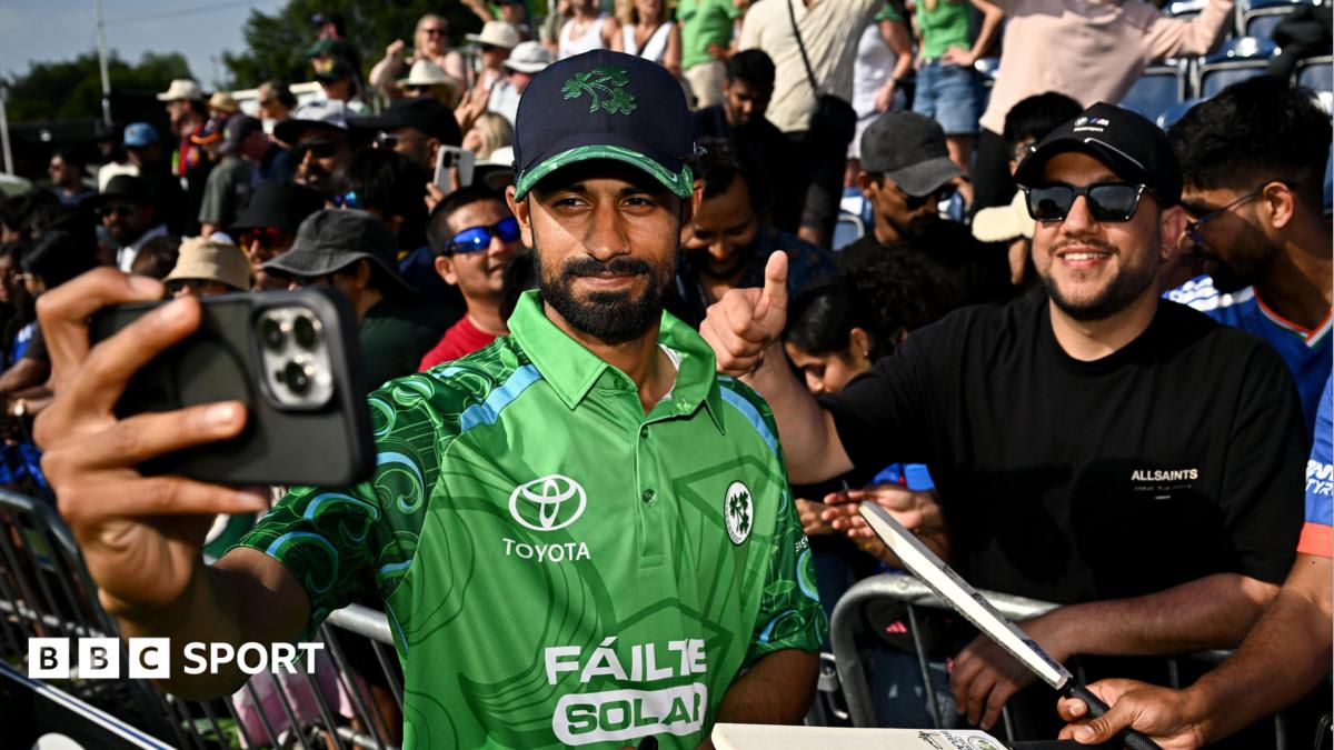 Cricket bowler Jai Moondra celebrating on field during his debut match for Ireland