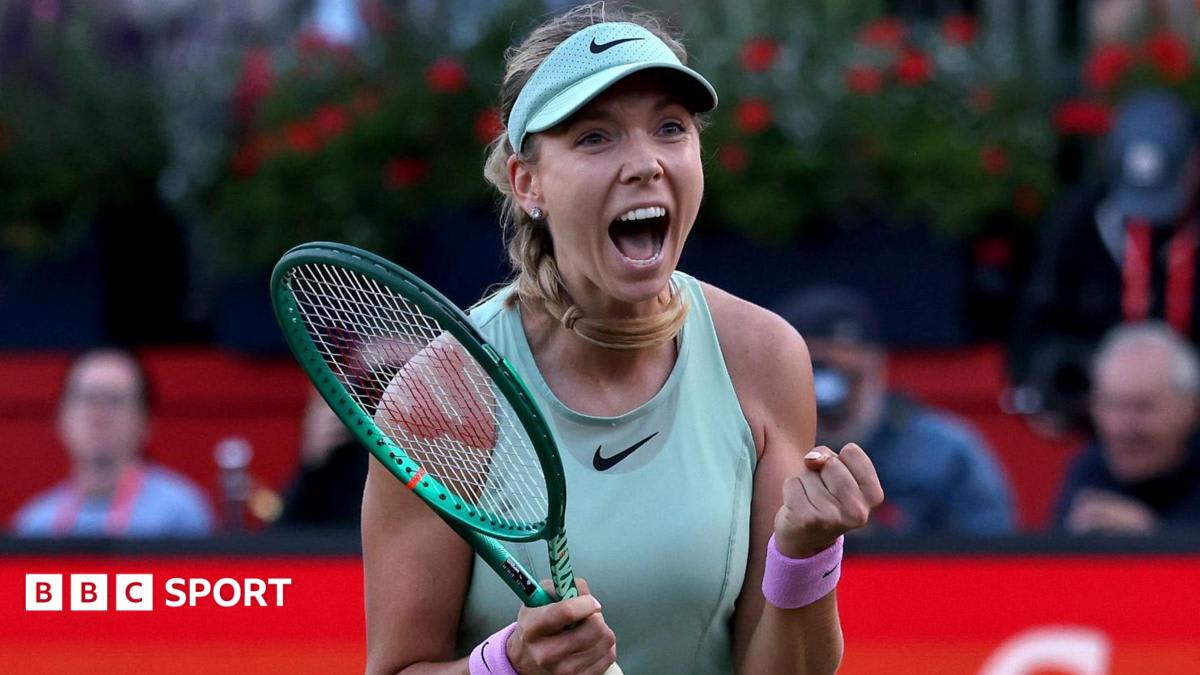 Katie Boulter celebrates with arms raised after defeating Elena Rybakina at Queen's Club tennis tournament