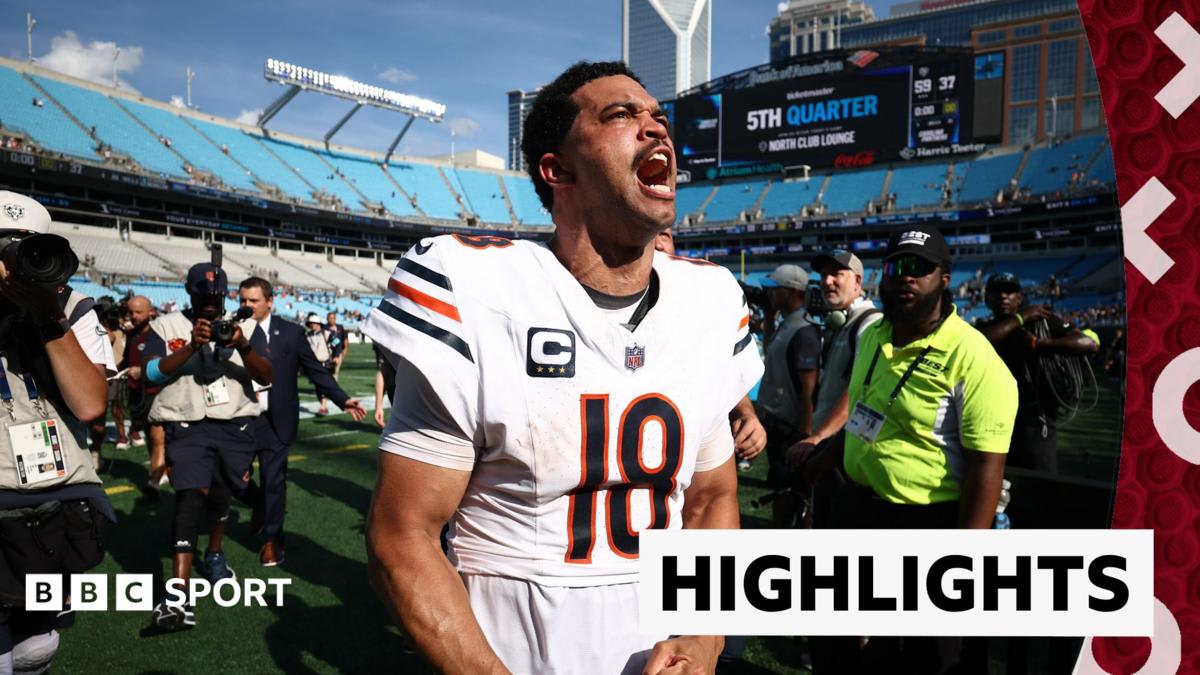Chicago Bears quarterback Caleb Williams celebrates during historic 59-point season-opening victory against Panthers