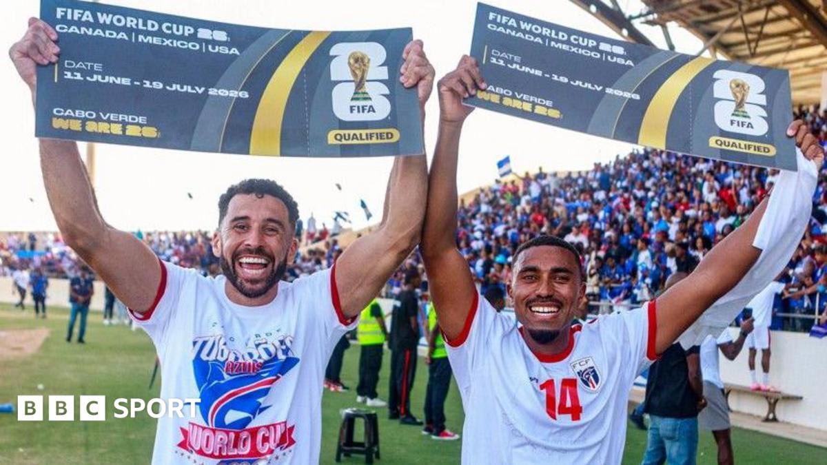 Roberto Lopes in Cape Verde blue jersey celebrating with teammates after World Cup qualification