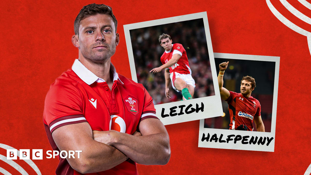 Welsh rugby player Leigh Halfpenny in red Wales jersey kicking during international match