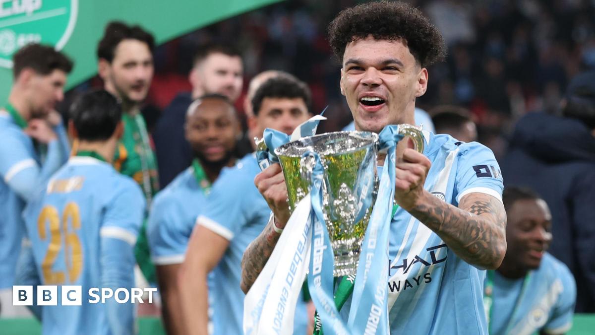 Young soccer player Nico O'Reilly celebrates scoring goal at Wembley Stadium for Manchester City