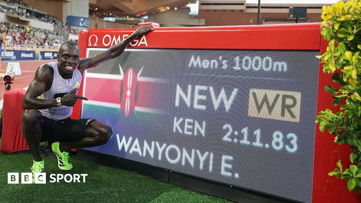 Emmanuel Wanyonyi celebrating after breaking the men's 1,000 meter world record in Monaco