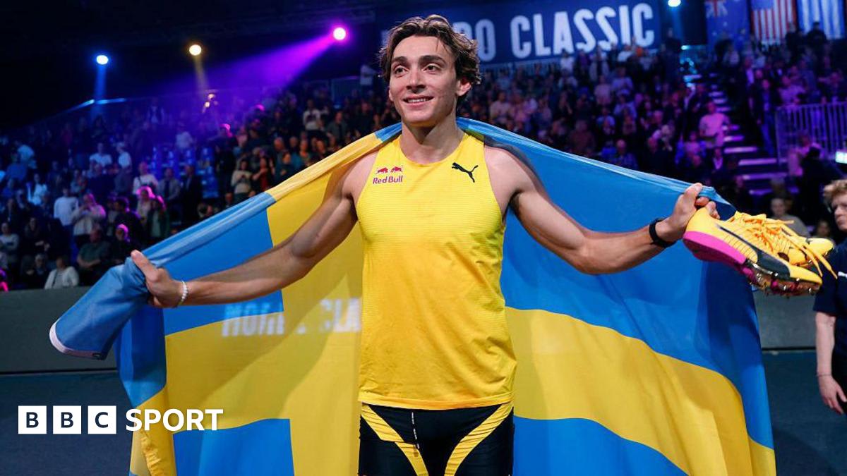Armand Duplantis celebrating after clearing bar during pole vault competition in Sweden