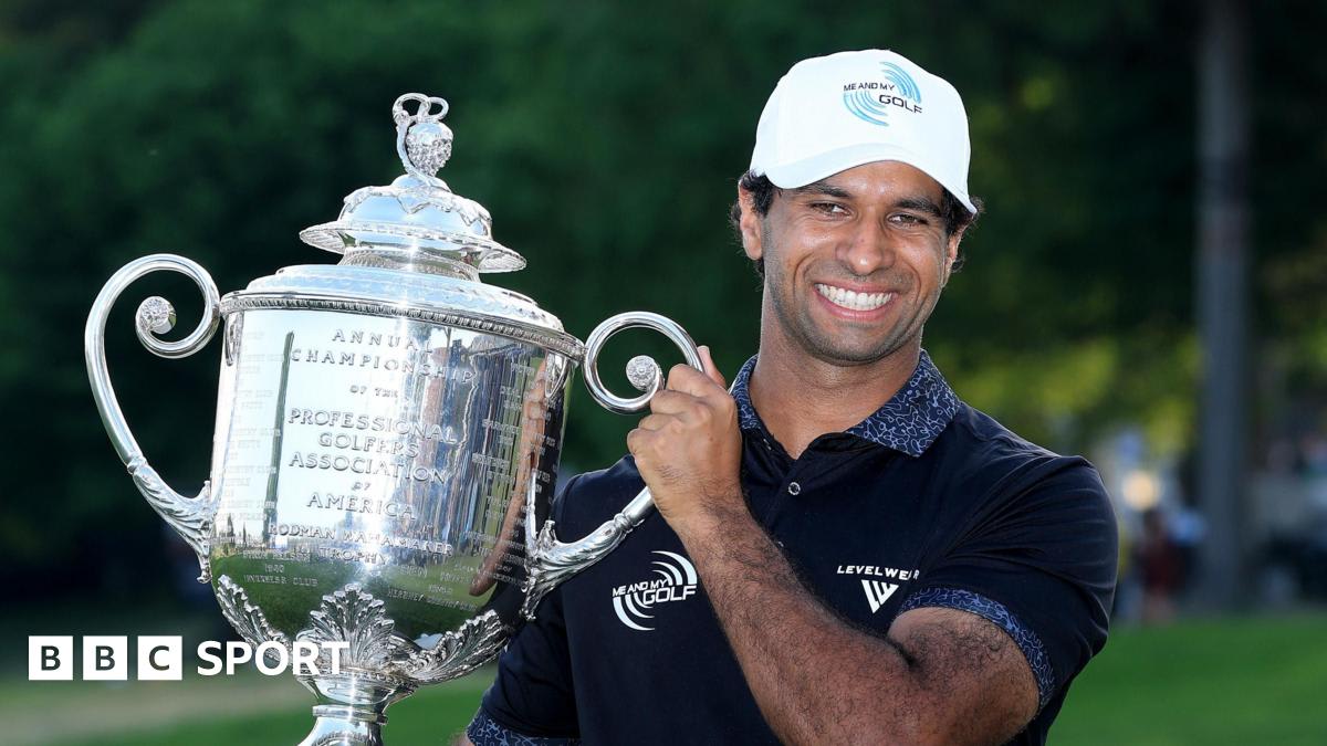 Aaron Rai celebrating with the Wanamaker Trophy after winning the US PGA Championship in Philadelphia
