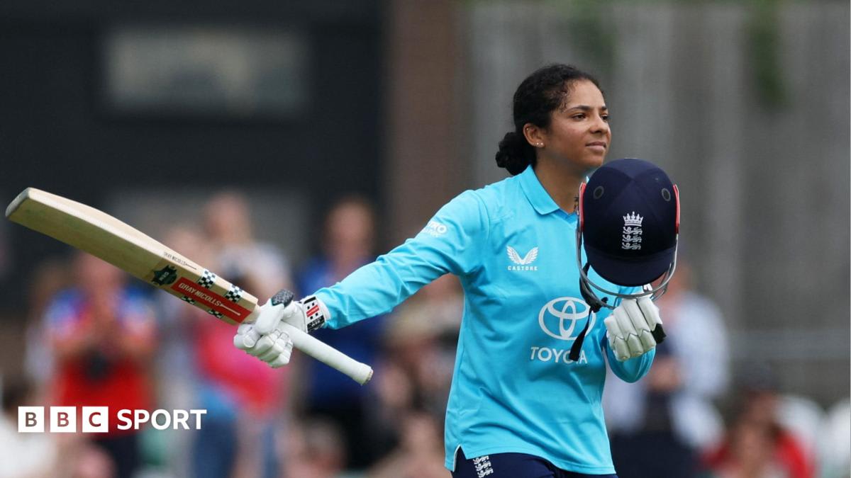 ** Sophia Dunkley batting for England women's cricket team celebrating her century at Worcester