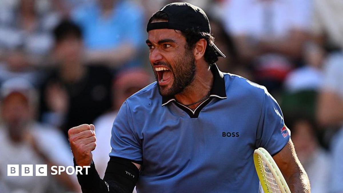 Matteo Berrettini celebrating on court at French Open Roland Garros tennis tournament