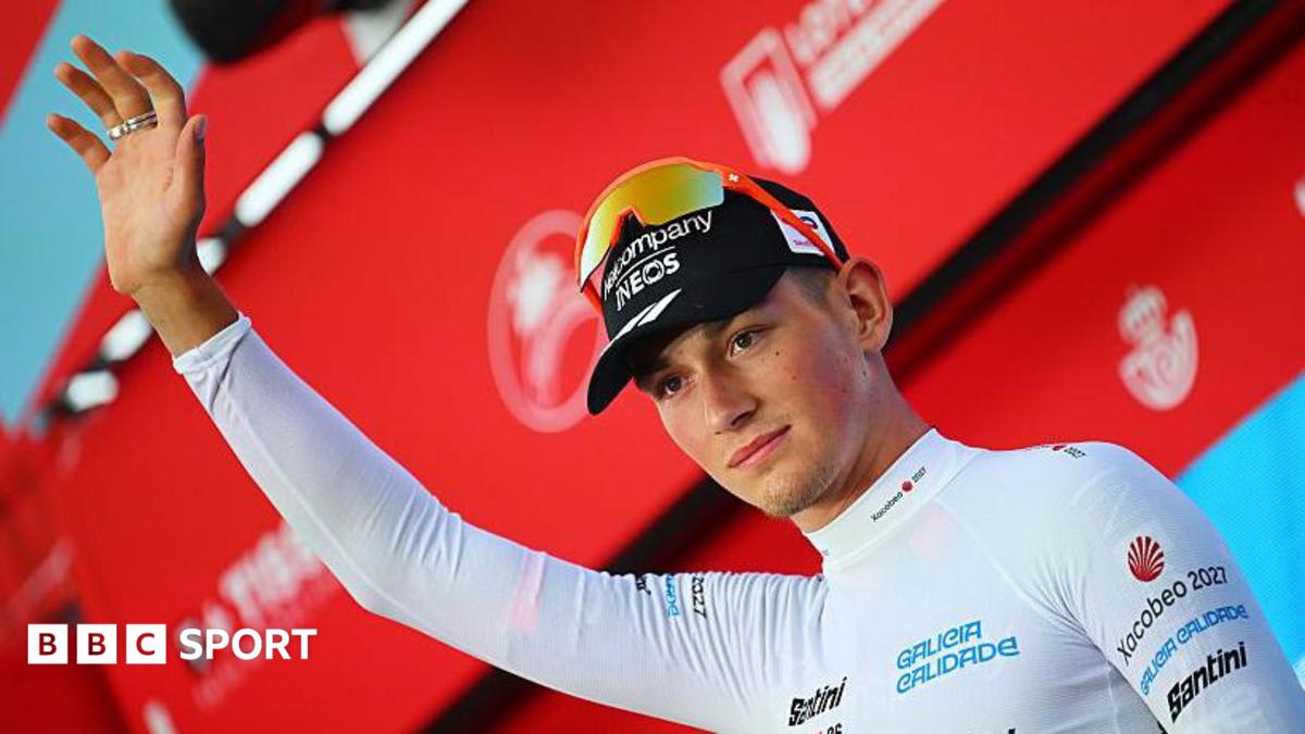 British cyclist Josh Tarling competing in time trial wearing racing gear on Monaco course