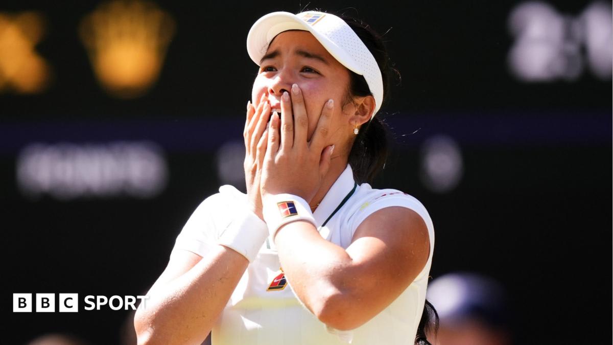 Alexandra Eala celebrates on Wimbledon Centre Court after defeating defending champion Iga Swiatek