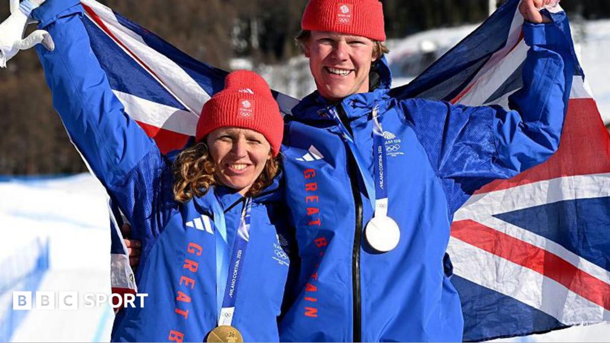 British snowboard cross athletes Charlotte Bankes and Huw Nightingale celebrating their historic gold medal win