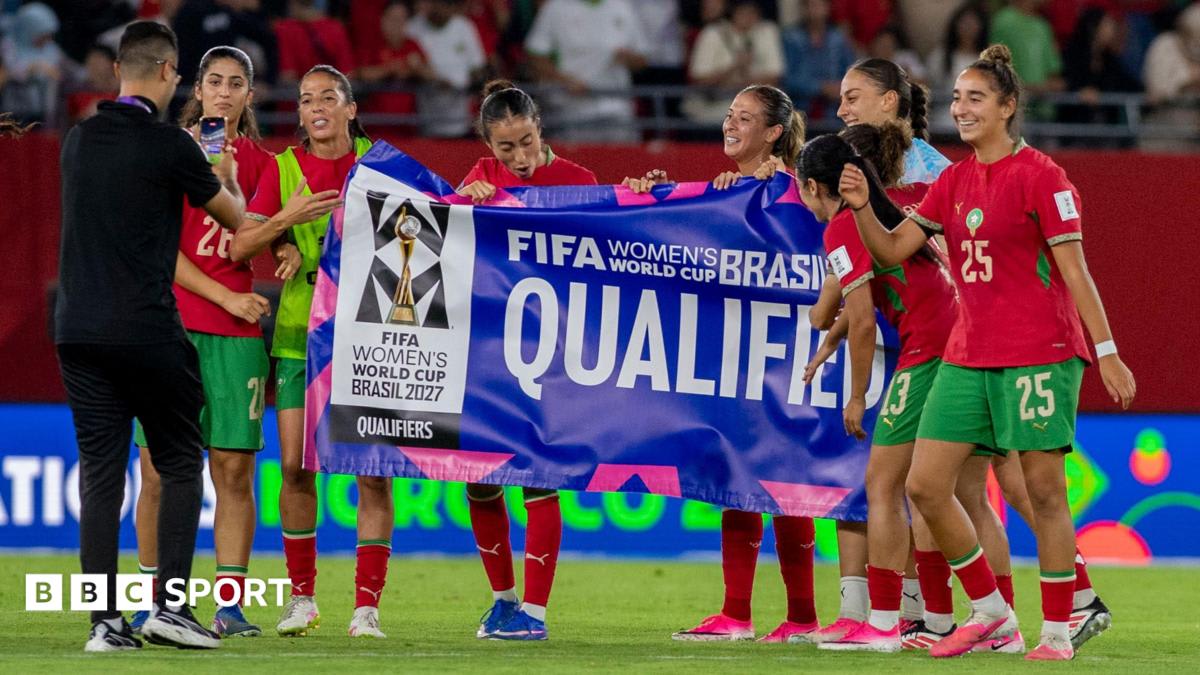 Women's football players celebrating qualification for 2027 World Cup in Brazil tournament