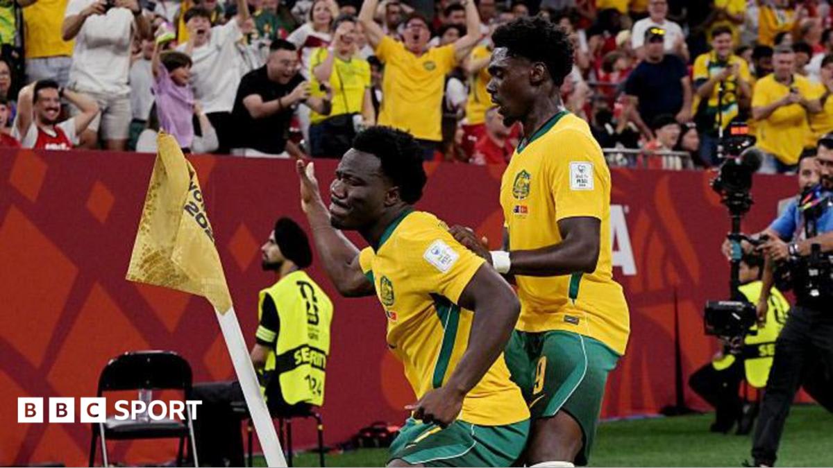 Nestory Irankunda celebrating his World Cup goal for Australia against Turkey at age twenty
