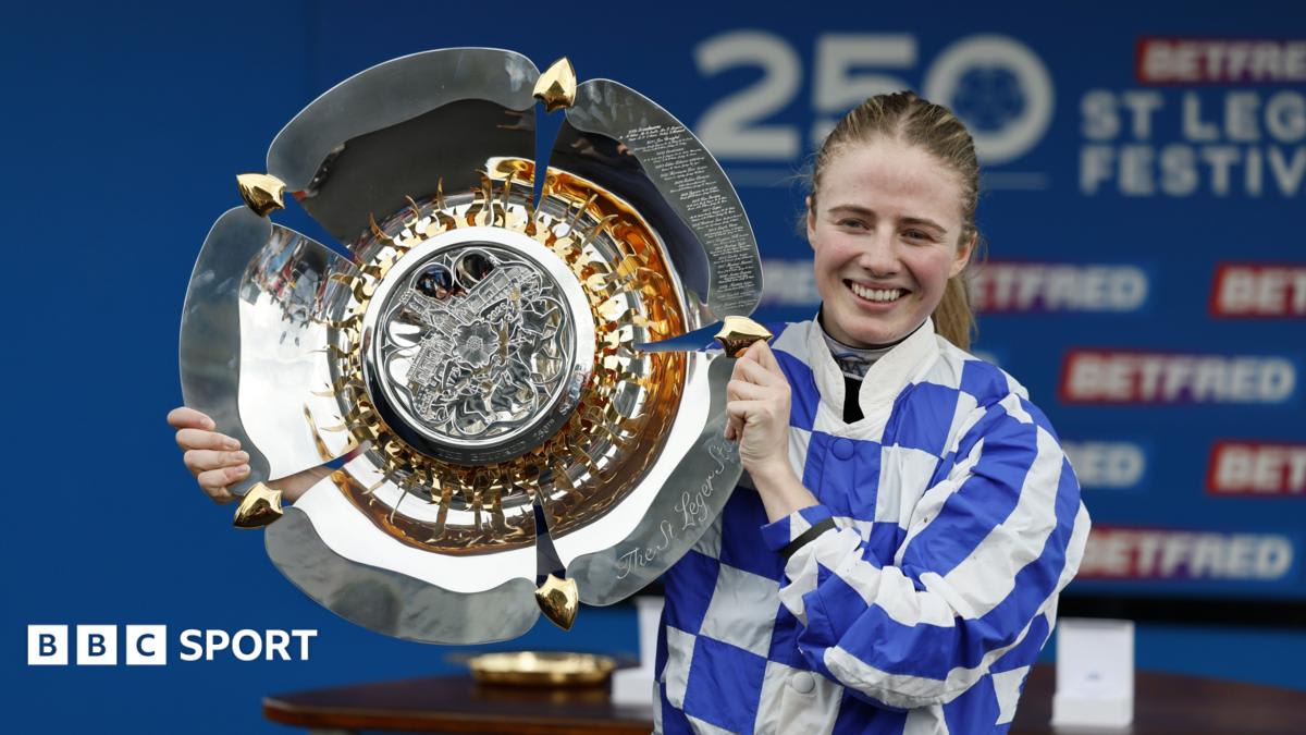 Jockey Saffie Osborne celebrates her historic St Leger Classic race victory at Doncaster