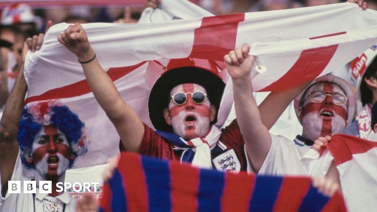 England fans singing together at Wembley Stadium during Euro 1996 football tournament celebration