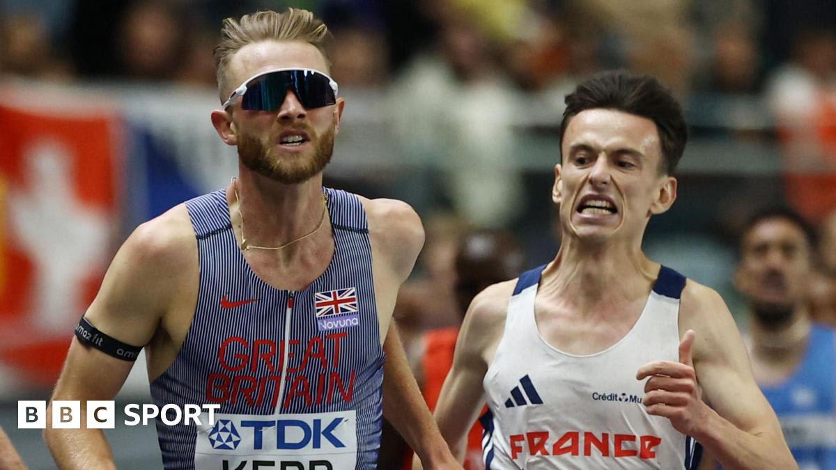 Scottish runner Josh Kerr celebrates after winning world indoor 3,000 meter championship gold medal