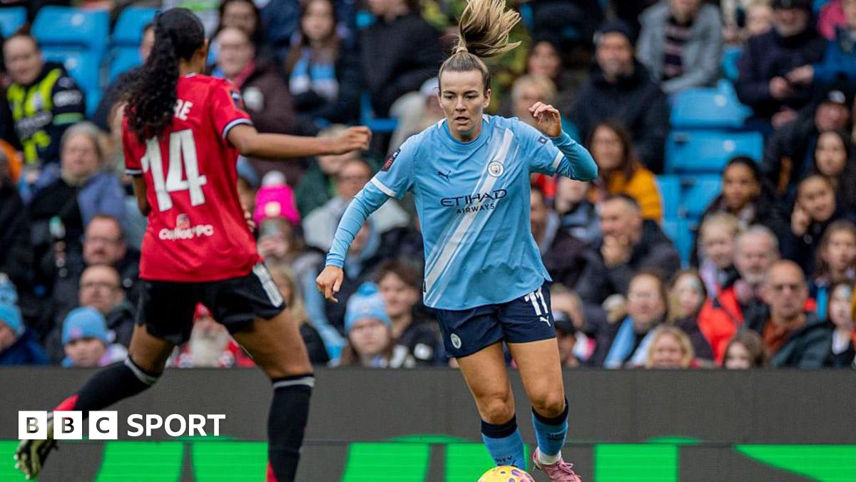 Manchester City and Manchester United women's football players competing during previous WSL derby match