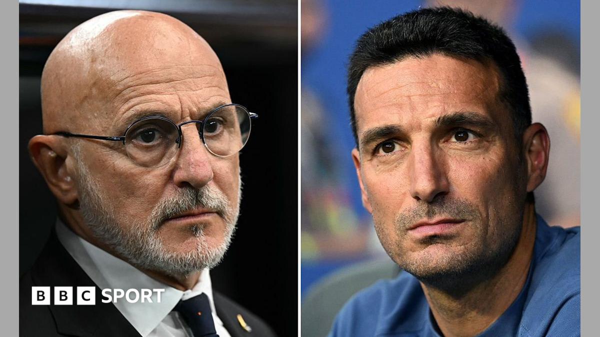 ** Luis de la Fuente and Lionel Scaloni standing on sidelines as national team managers