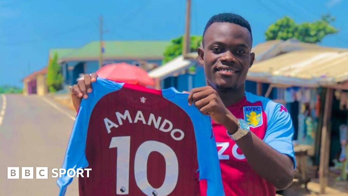 Owusu Boakye smiling in Aston Villa jersey celebrating Europa League victory in Ghana
