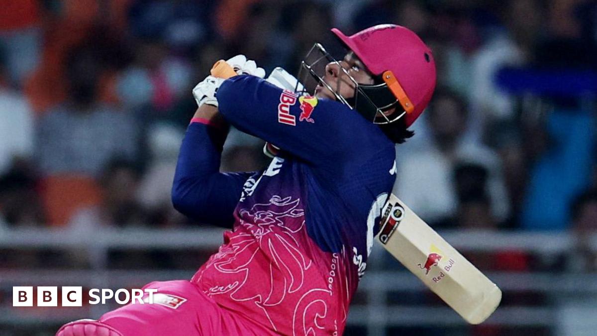 Teenage cricket player Vaibhav Sooryavanshi celebrating after hitting a six during IPL match
