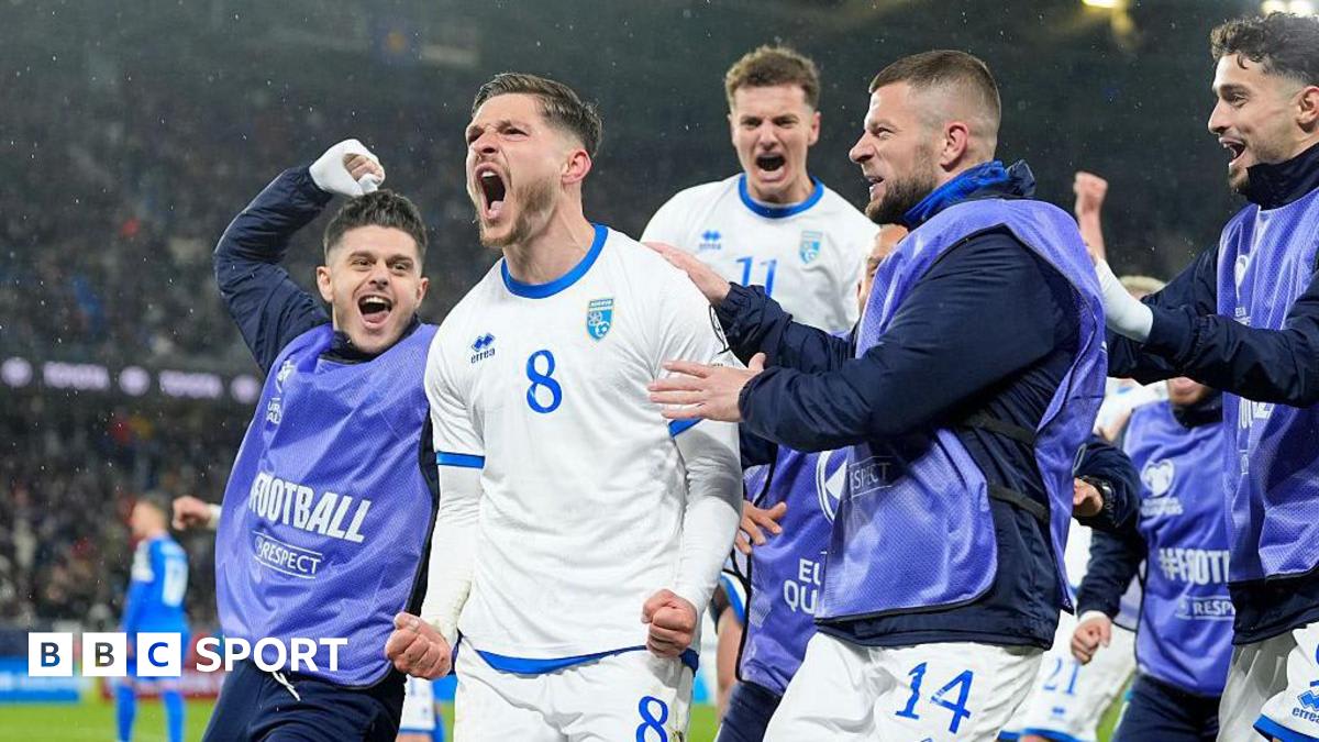 Kosovo national soccer team celebrates together after dramatic playoff semifinal victory over Slovakia