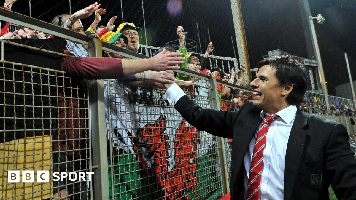 ** Welsh football fans celebrating in stadium stands with red jerseys and flags raised high