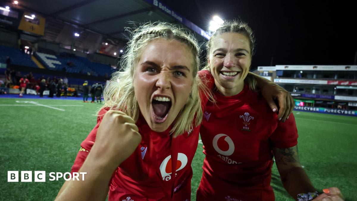Wales women's rugby team celebrates on field after historic 50-point victory over South Africa