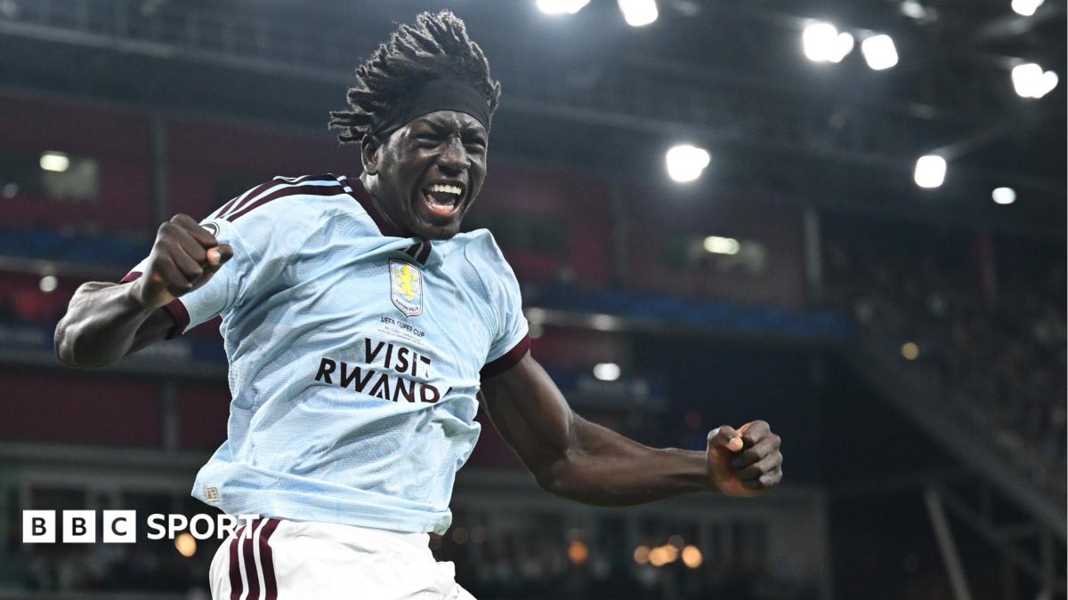 Seventeen-year-old Brian Madjo celebrates scoring his debut goal for Aston Villa against Paris St-Germain
