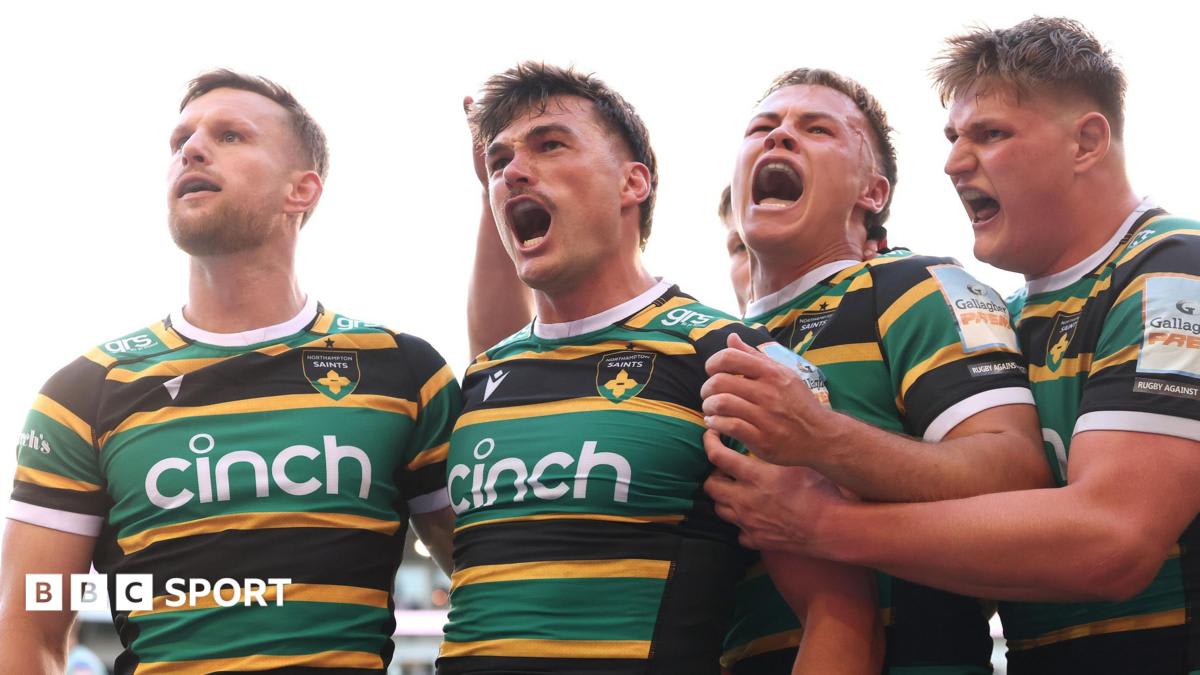 George Furbank celebrates scoring a try for Northampton Saints in playoff victory