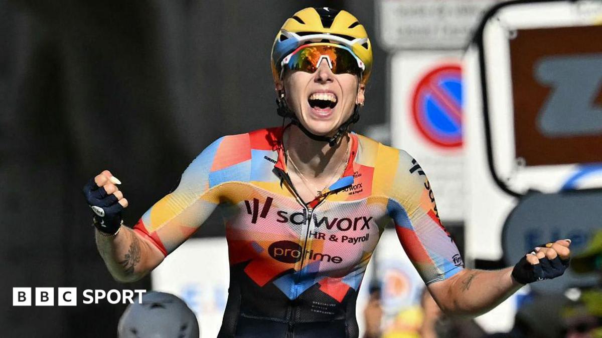 Dutch cyclist Lorena Wiebes celebrating stage one victory at Tour de France Femmes in yellow jersey