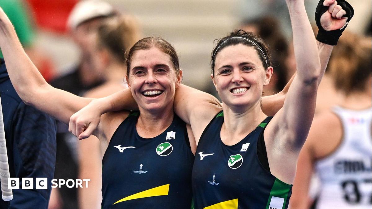 Ireland women's hockey players Katie Mullan and Roisin Upton celebrating their World Cup victory over New Zealand
