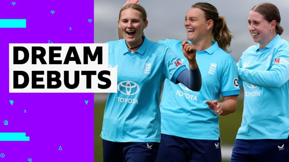Three England women's cricket players celebrating together on field during New Zealand match