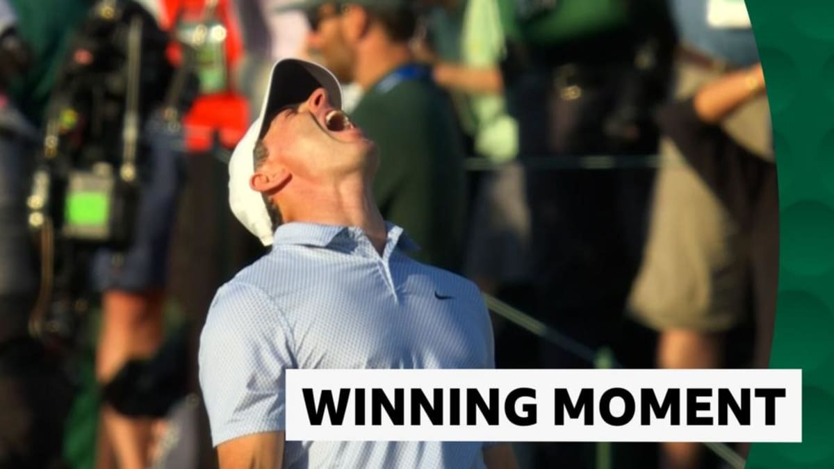 Rory McIlroy celebrates after sinking winning putt at Masters Tournament green