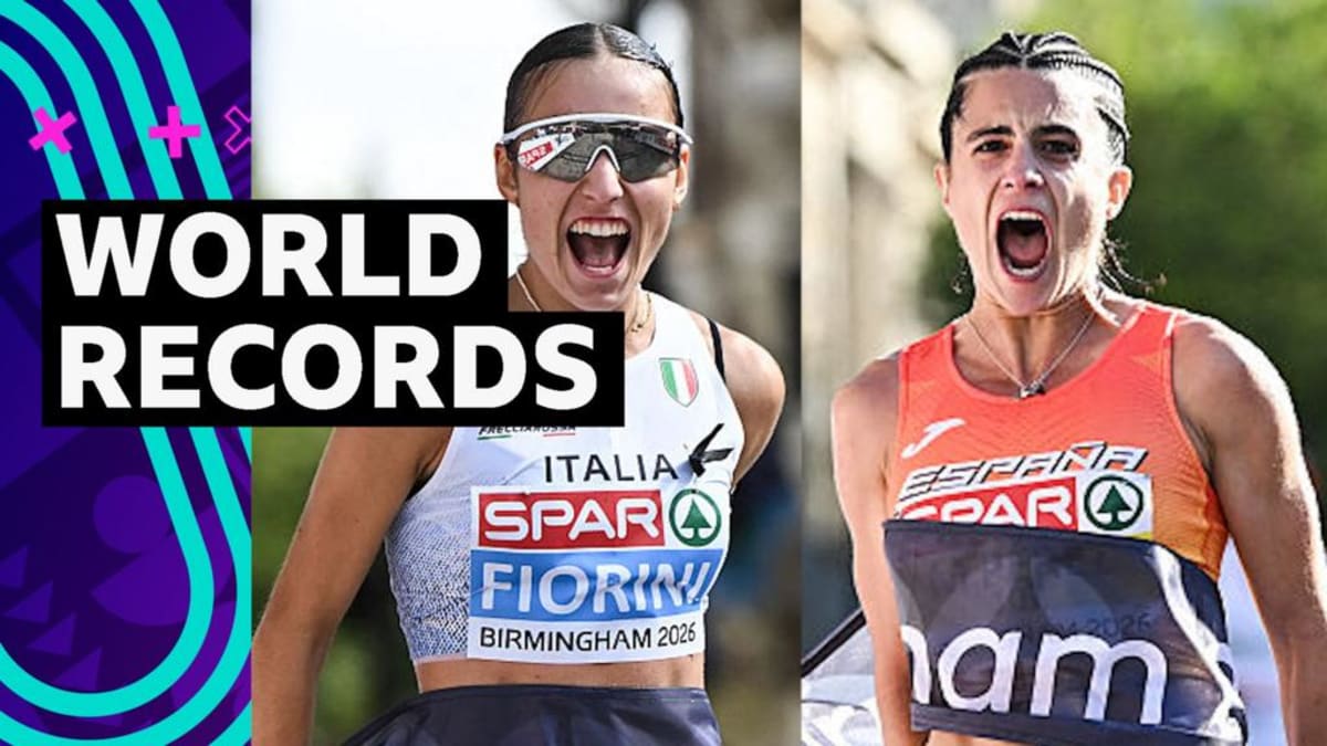 Female race walkers competing on track at European Athletics Championships in Birmingham