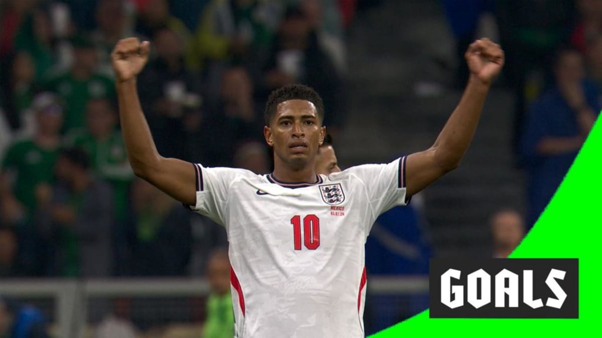 ** Jude Bellingham celebrating after scoring against Mexico at Azteca Stadium during World Cup 2026