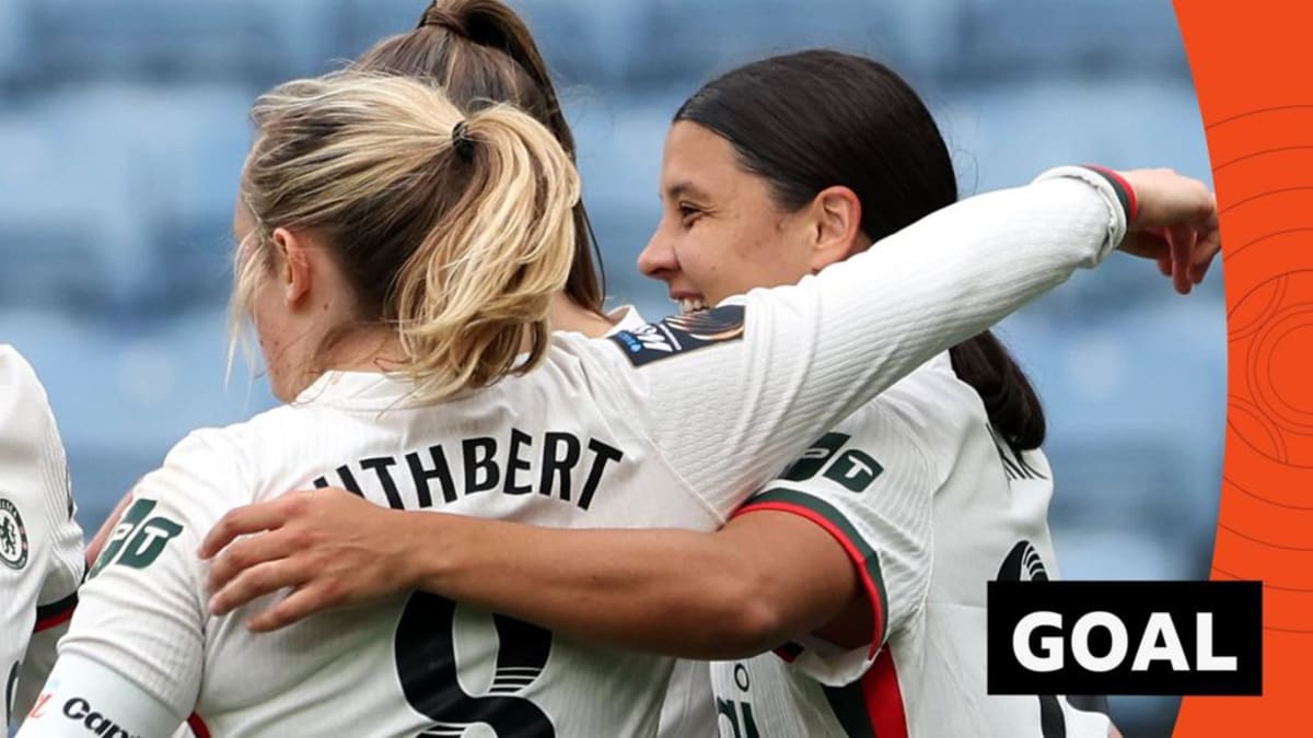 Sam Kerr celebrates in Chelsea blue jersey after scoring record-breaking 64th goal for the club