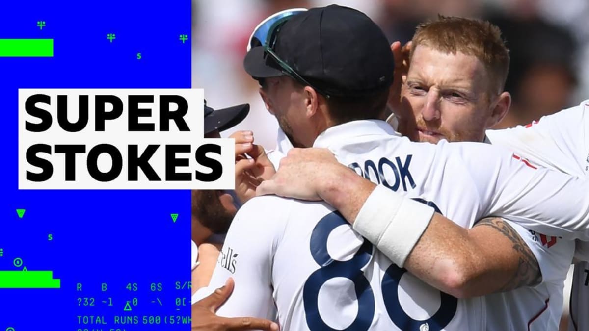 Ben Stokes celebrating with England teammates after taking wicket on first ball at Trent Bridge