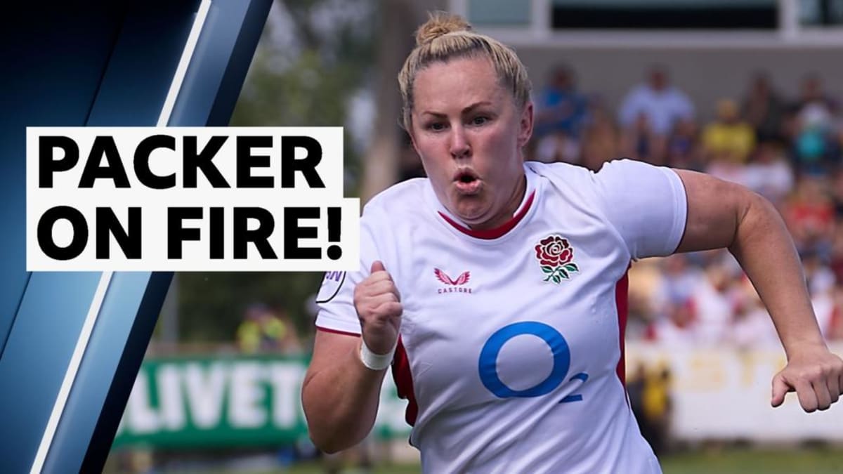 England rugby player Marlie Packer celebrating on field after scoring try against Italy