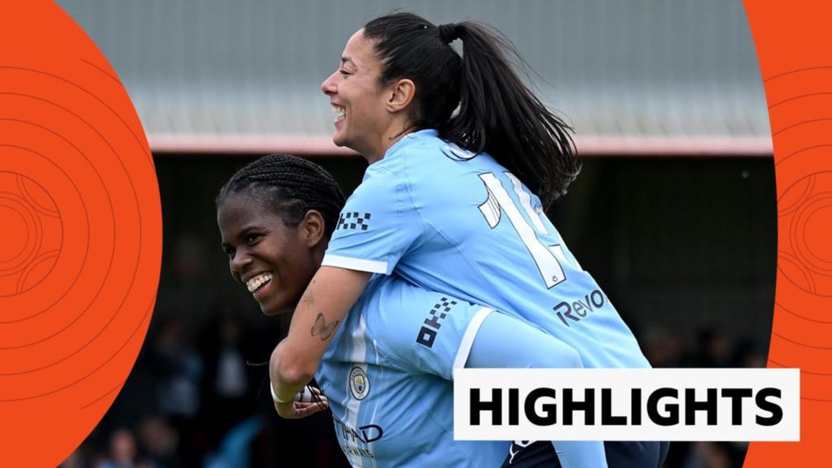 Khadija Shaw celebrates scoring for Manchester City Women against West Ham United in blue kit