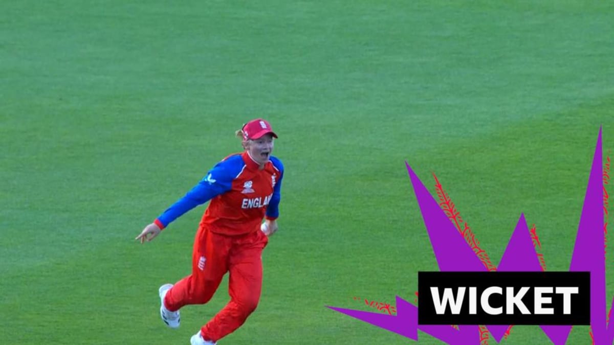 England cricketer Danni Wyatt-Hodge diving through air making spectacular catch during T20 World Cup match