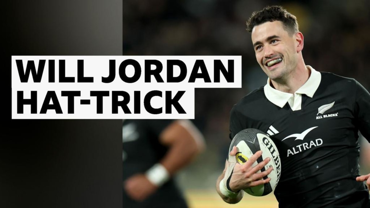 Will Jordan in New Zealand All Blacks jersey celebrating try during rugby match
