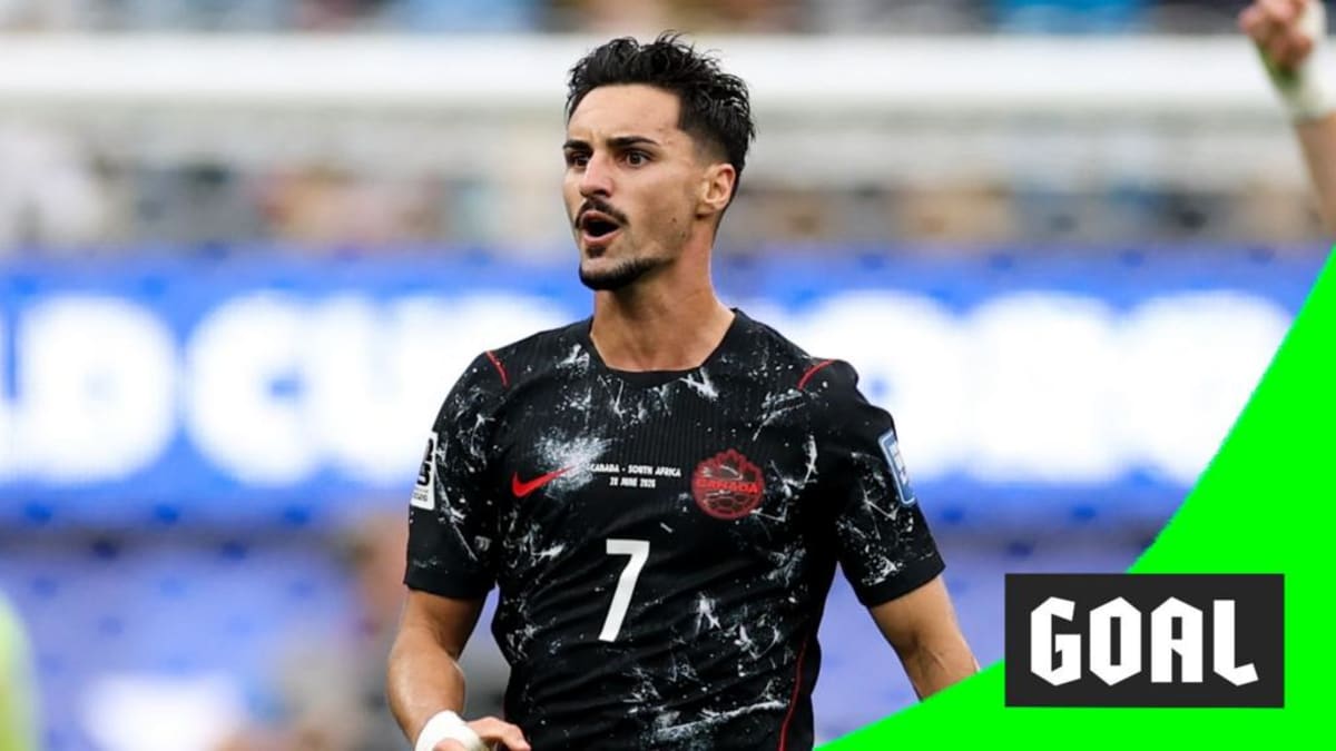 Stephen Eustaquio celebrates after scoring Canada's winning goal against South Africa in World Cup match