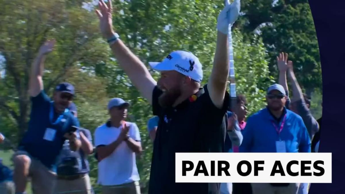 Professional golfers Shane Lowry and Adam Scott celebrating rare holes in one at Houston Open